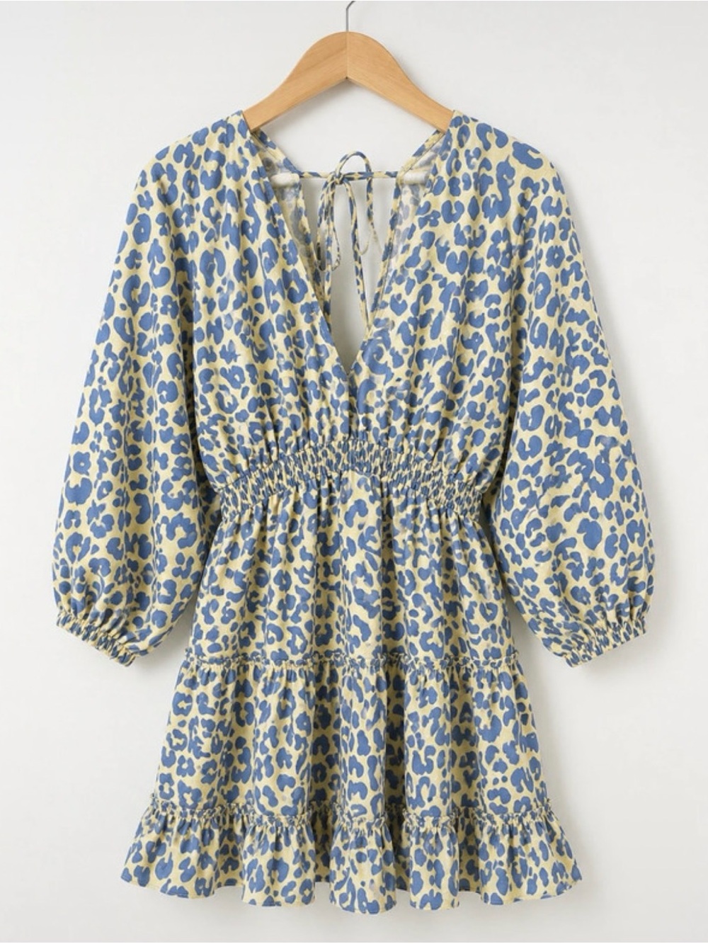 glam Blue and Cream Leopard Print Smocked Mini Dress